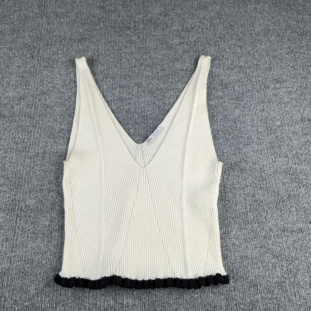 Zara Tank Top Womens Large White Black V Neck Ruffle Hem Cropped Summer Knit